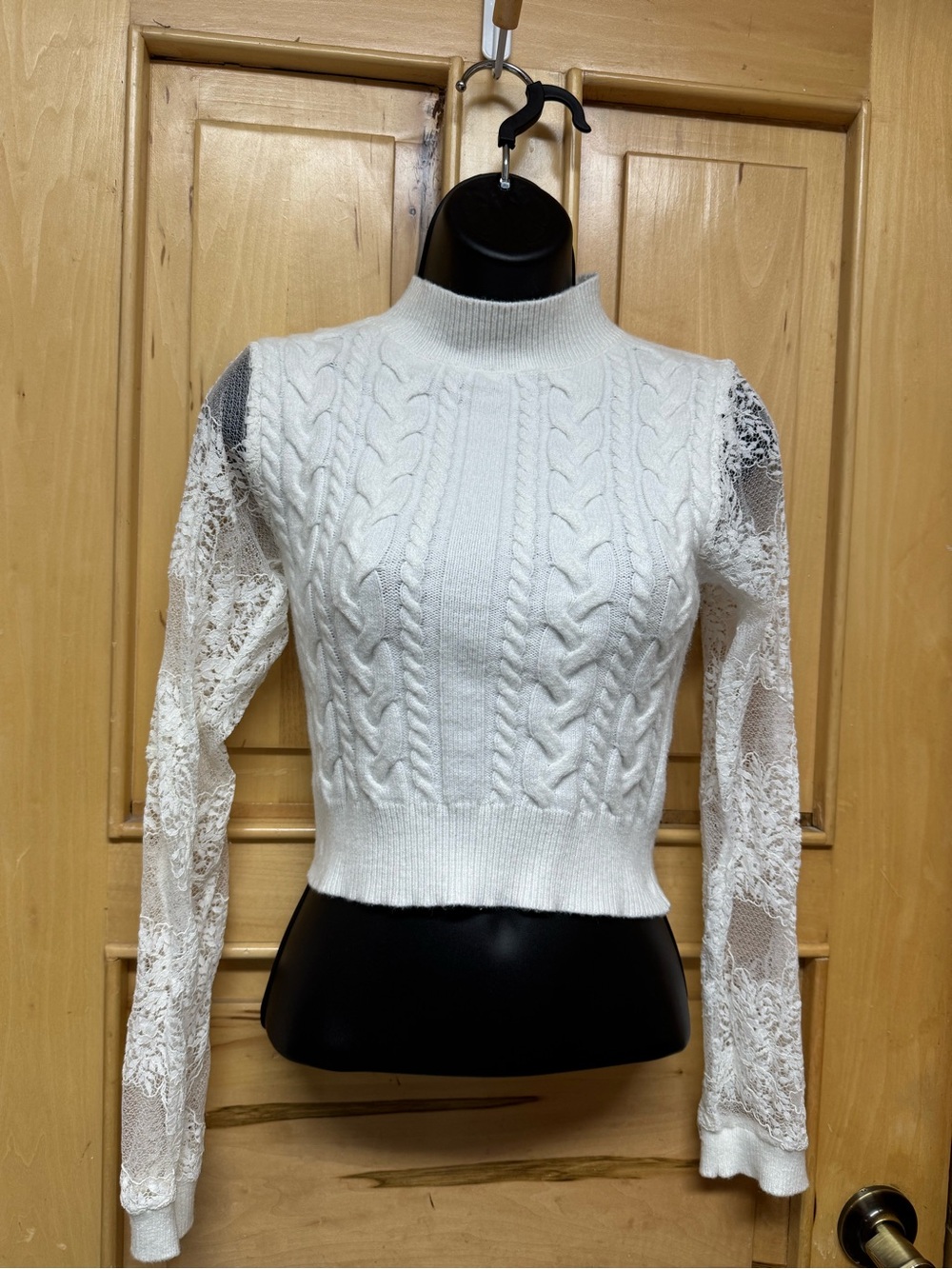 SHEIN White Cable Knit Sweater with Lace Sleeves